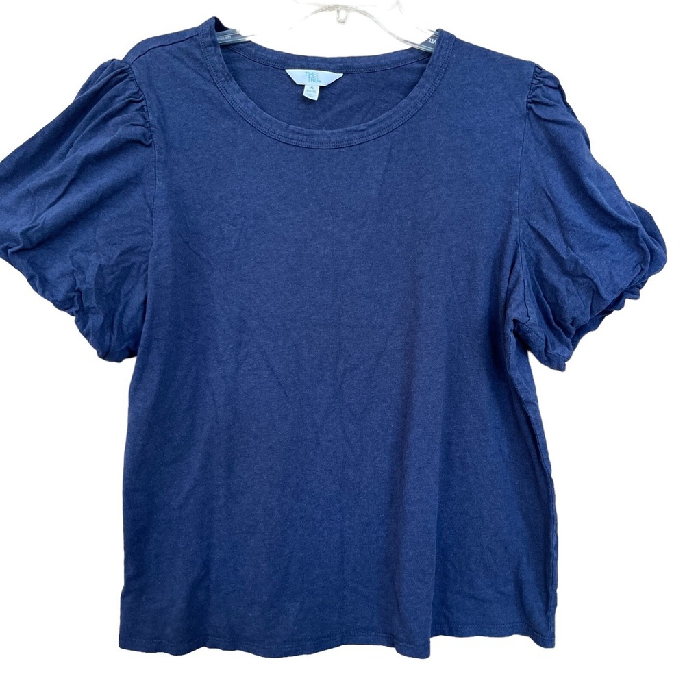 Time And Tru Top Womens XL 16-18 Blue Ruffled Sleeve Round Neck Granniecore